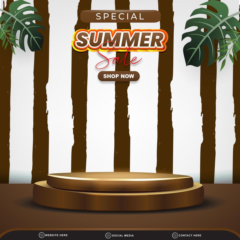 special summer sale discount square banner for social media post with blank space 3d podium for product sale with abstract gradient brown and white background design vector