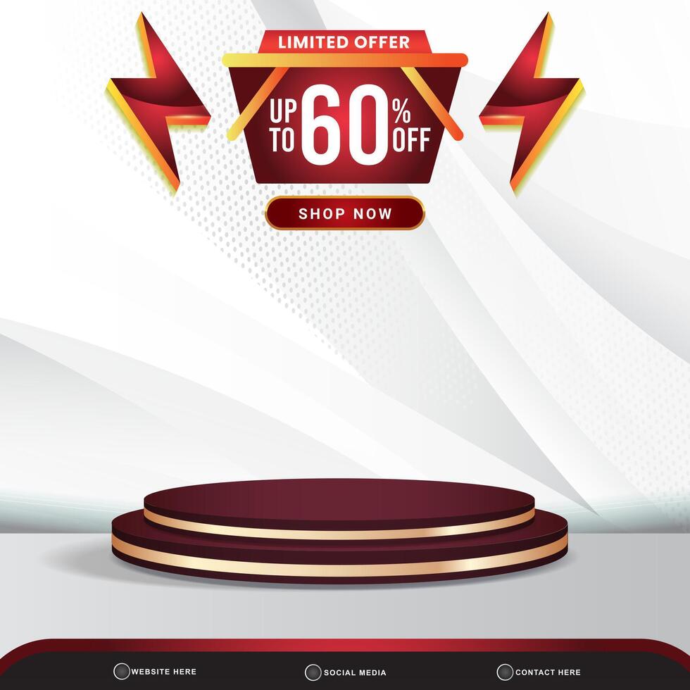 limited sale discount banner social media template post with blank space 3d podium for product with abstract white and red gradient background design vector