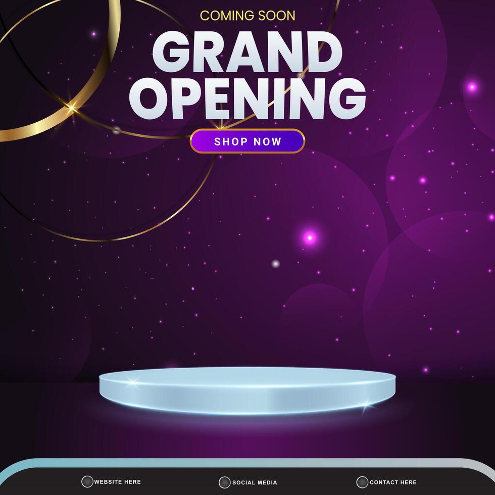 grand opening sale banner social media template post with blank space 3d podium for product with abstract purple gradient background design vector