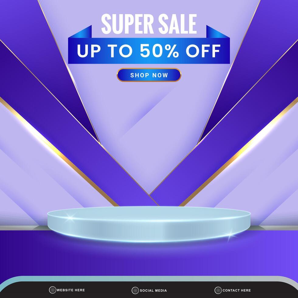 elegant super sale banner social media template post with blank space 3d podium for product with abstract blue and white gradient background design vector
