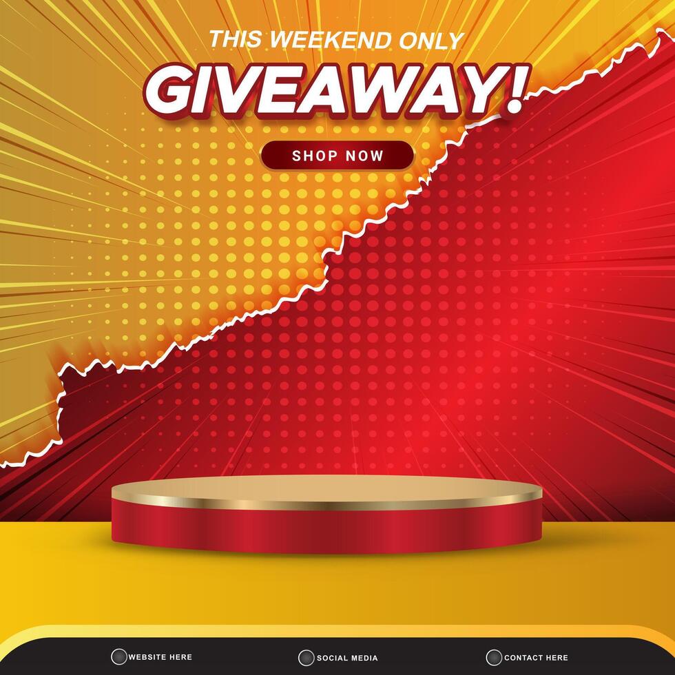 3d weekend giveaway banner social media template post with blank space 3d podium for product with abstract red and orange gradient background design vector