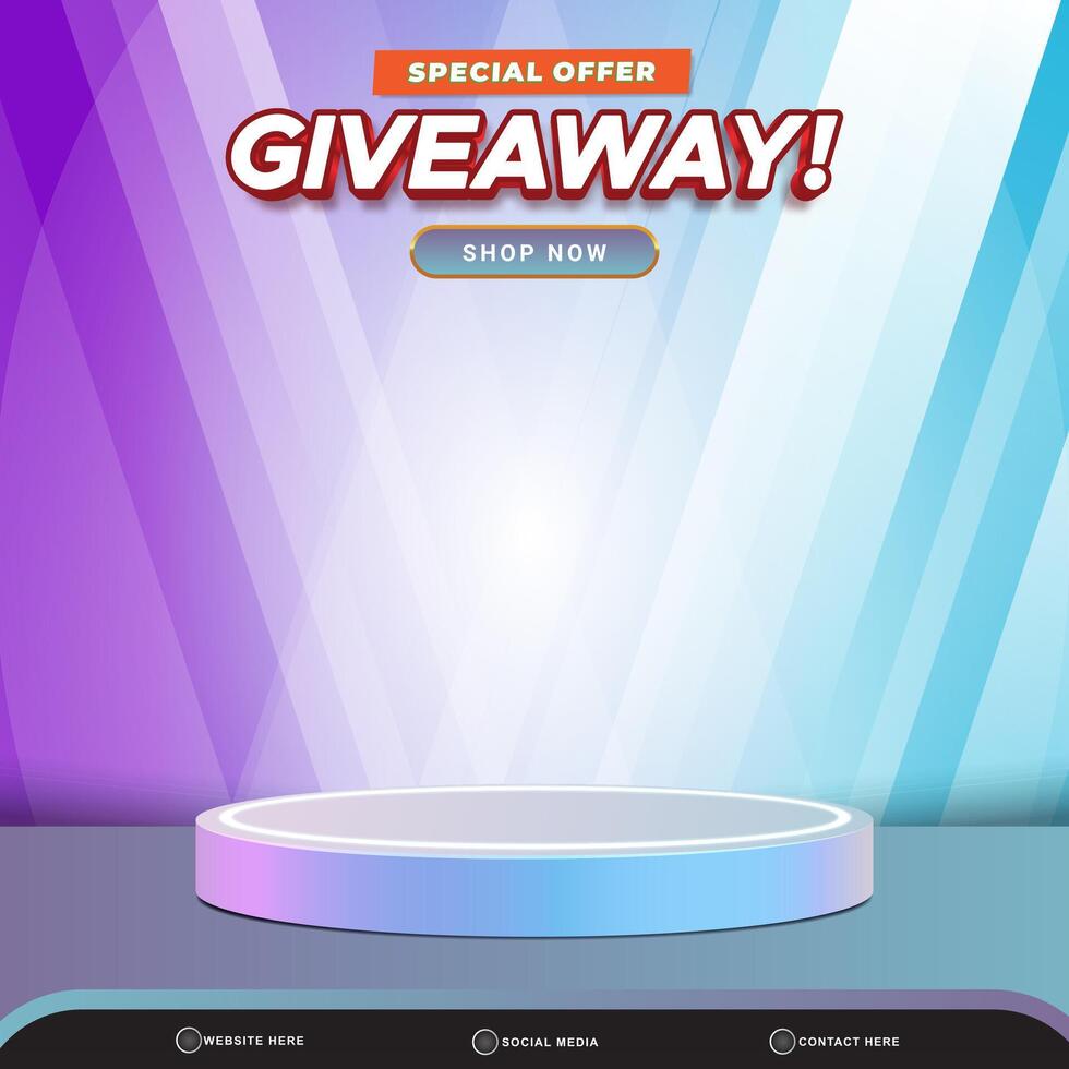3d giveaway banner social media template post with blank space 3d podium for product with abstract blue and purple gradient background design vector