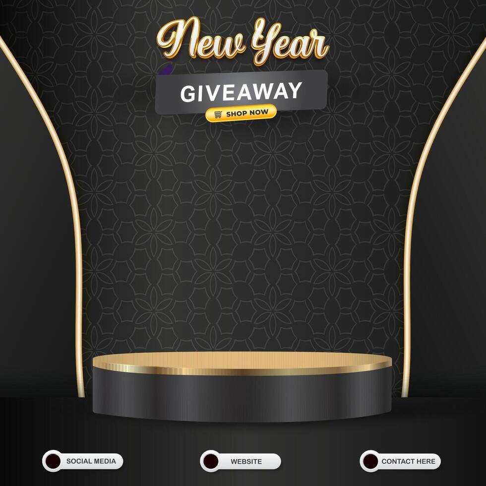 new year giveaway social media template banner post with blank space 3d podium for product sale with abstract gradient black background vector