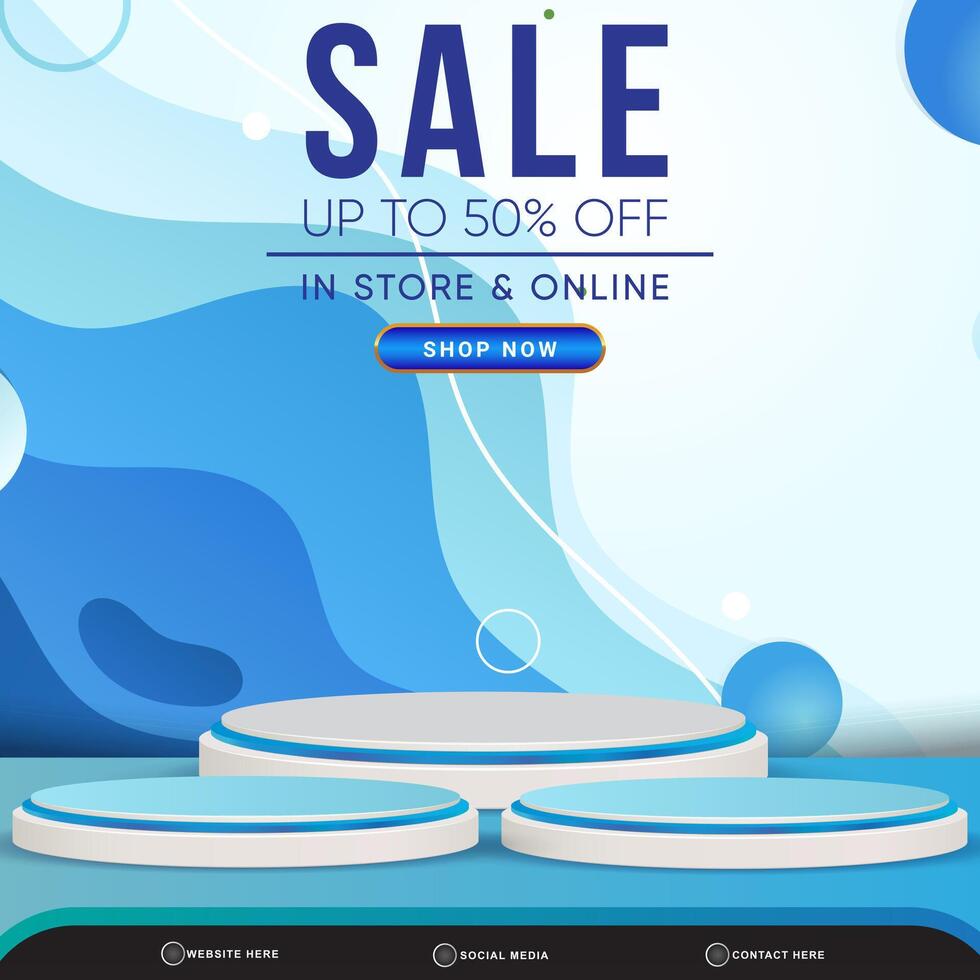 sale discount banner social media template post with blank space 3d podium for product with abstract blue and white gradient background design vector