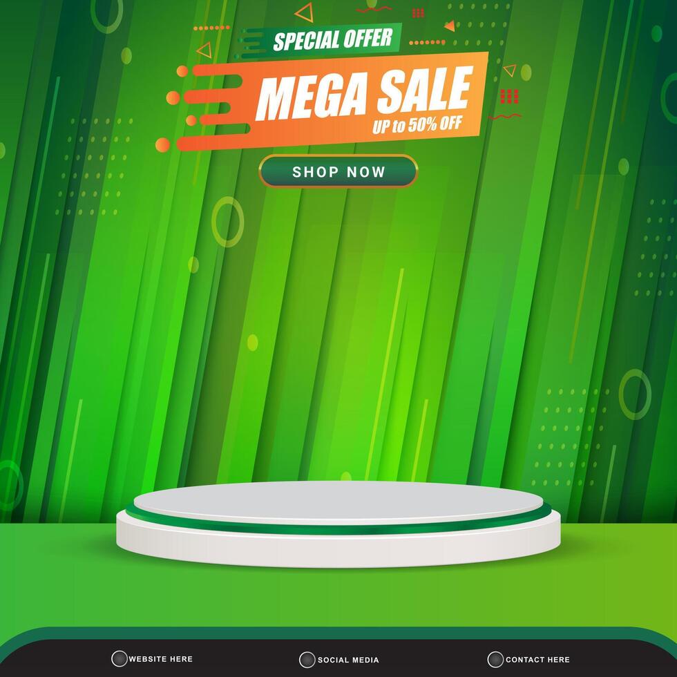 special offer mega sale banner social media template post with blank space 3d podium for product with abstract green gradient background design vector