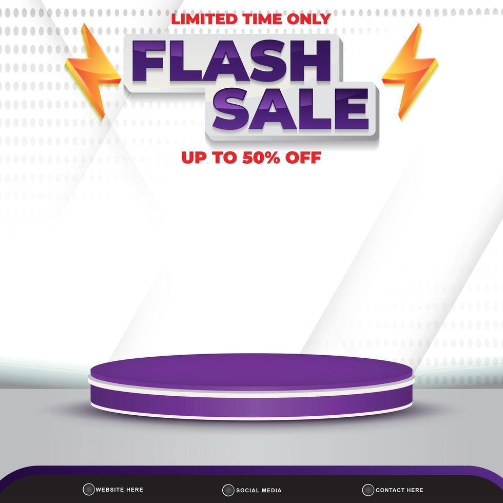 limited flash sale discount banner social media template post with blank space 3d podium for product with abstract white and purple gradient background design vector