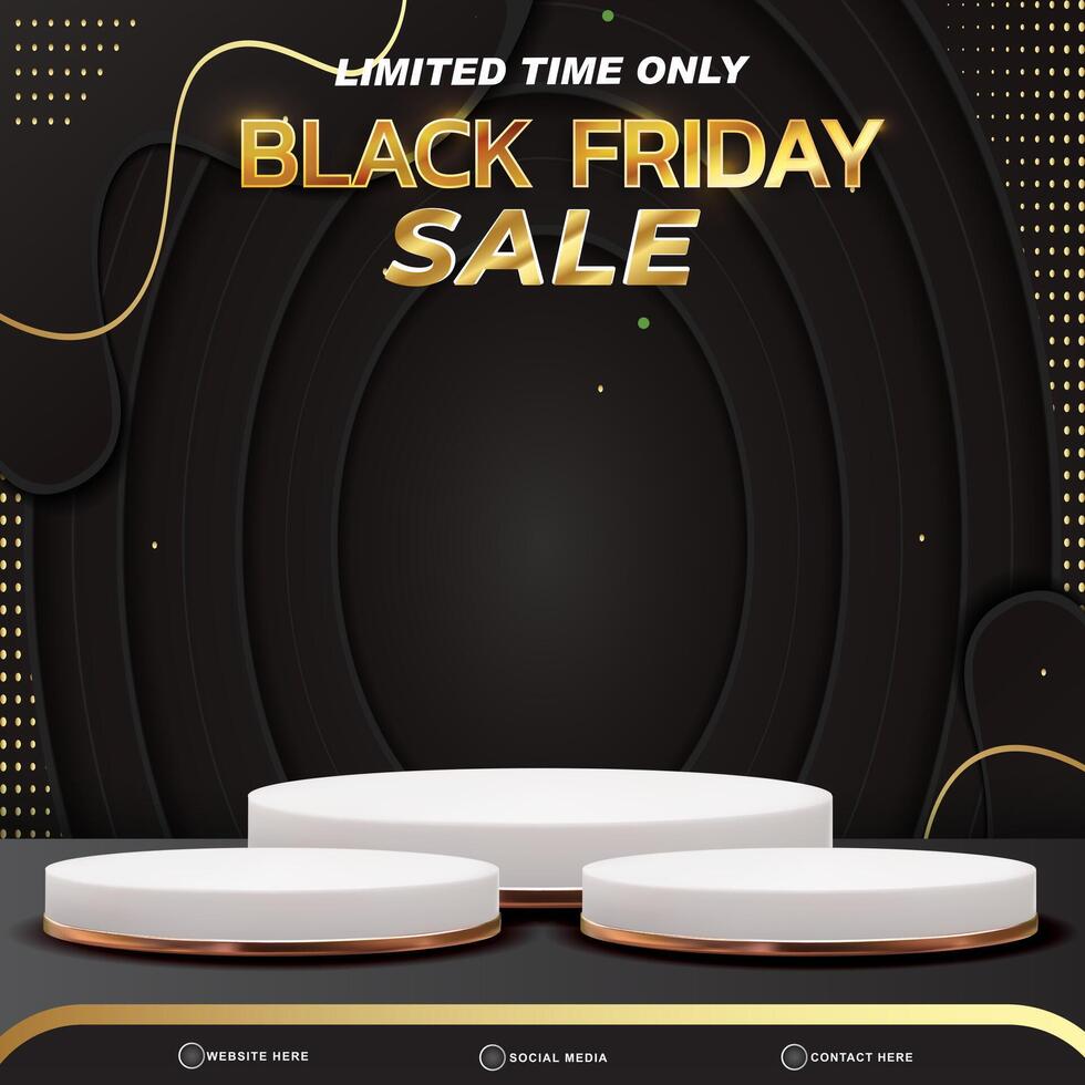 black friday sale banner social media template post with blank space 3d podium for product with abstract black and golden gradient background design vector