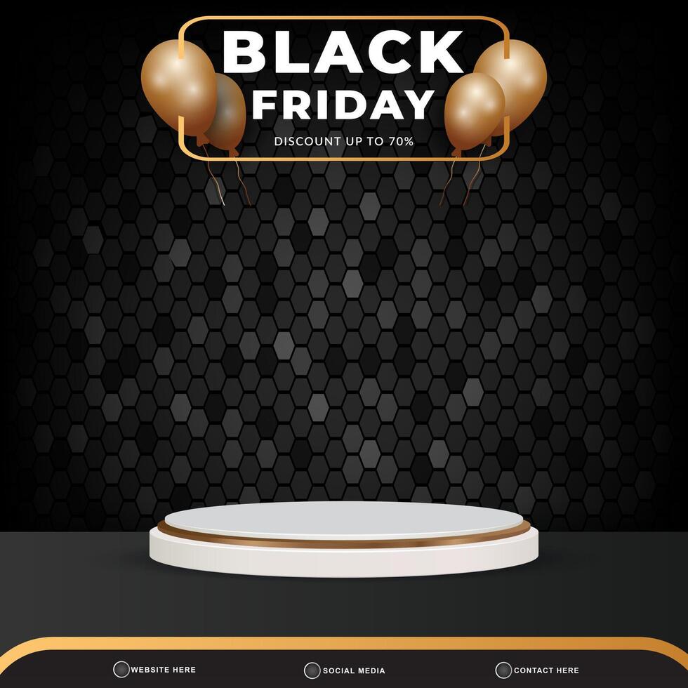 black friday discount sale special offer banner social media template post with blank space 3d podium for product with abstract gradient black background vector