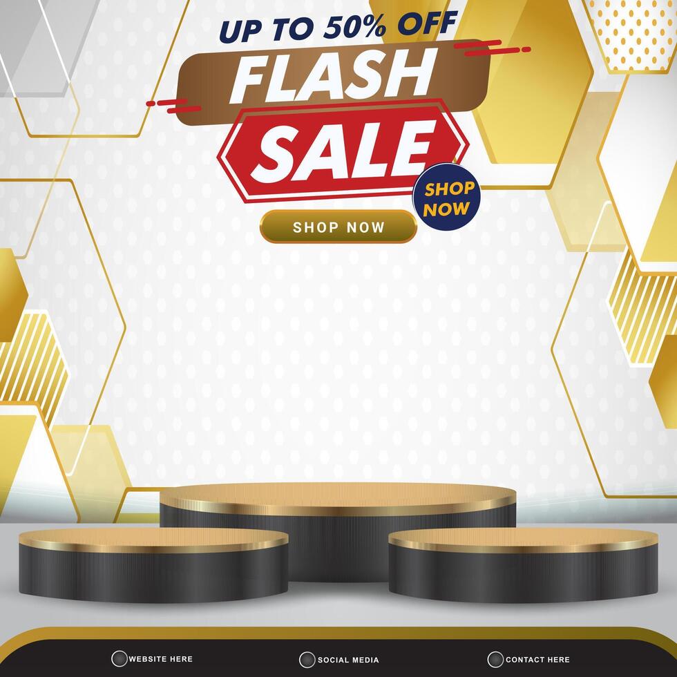 flash sale discount banner social media template post with blank space 3d podium for product with abstract white and golden gradient background design vector