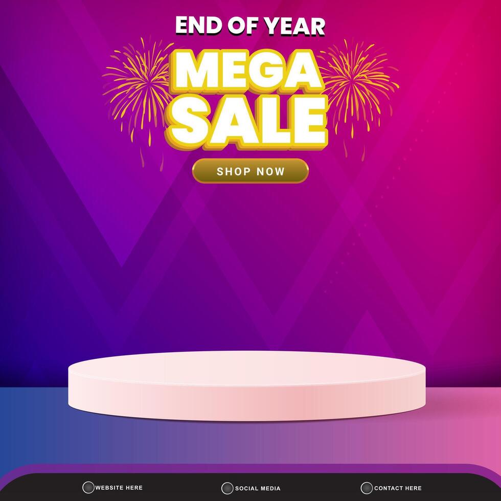 3d end of year mega sale banner social media template post with blank space 3d podium for product with abstract purple gradient background design vector