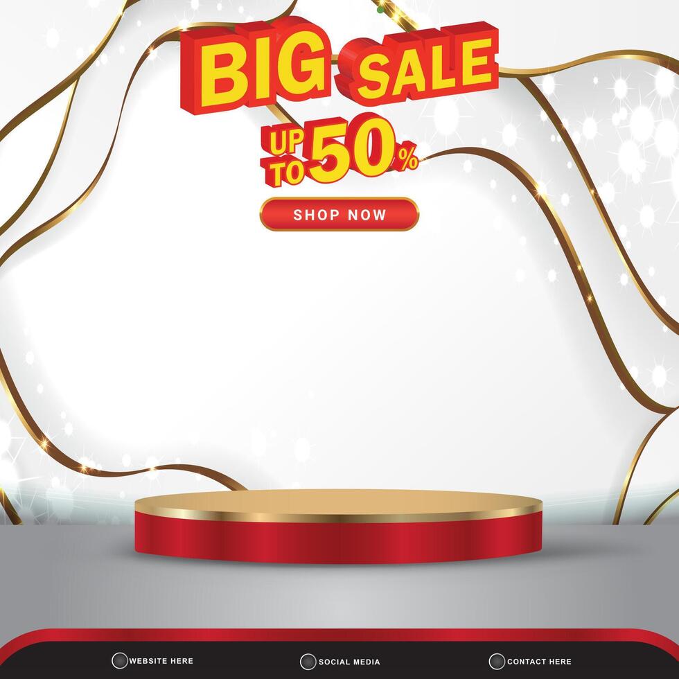 big sale banner social media template post with blank space 3d podium for product with abstract white and golden gradient background design vector