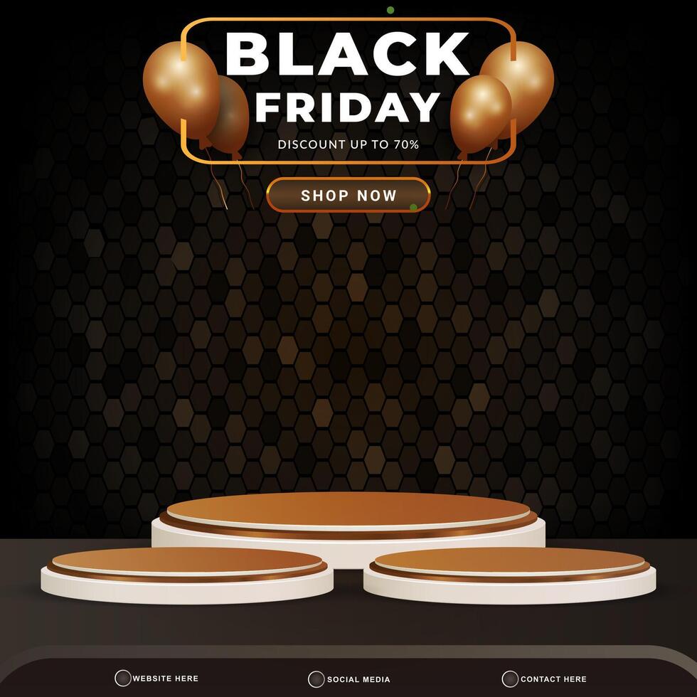 black friday discount sale banner social media template post with blank space 3d podium for product with abstract black and brown gradient background design vector