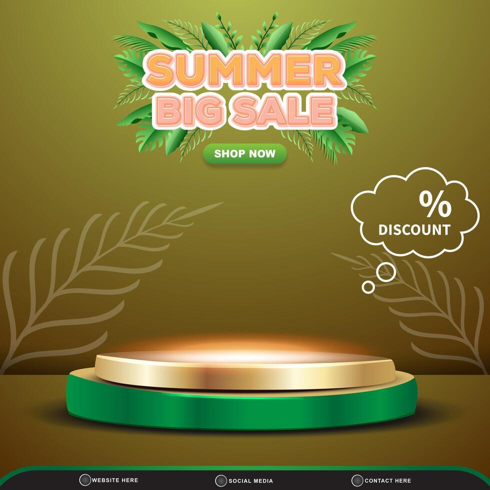 summer big sale square banner for social media post with blank space 3d podium for product sale with abstract gradient green and brown background design vector