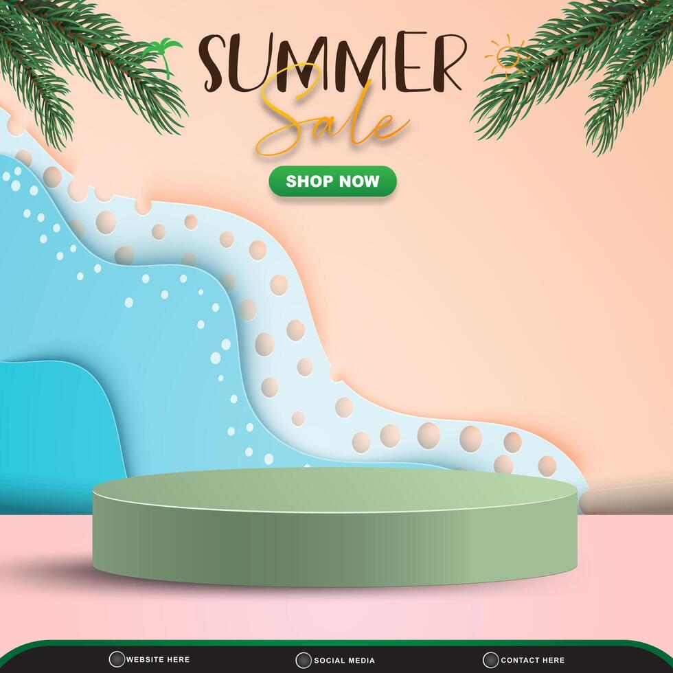 summer sale template banner for social media post with 3d podium for product sale and abstract gradient pink and blue background design vector