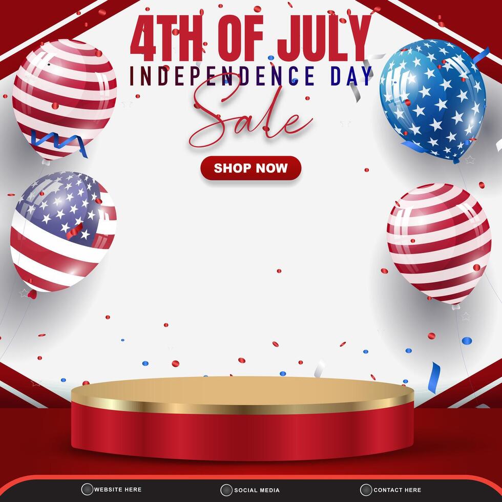4th of july american independence day sale square banner with 3d podium for sale and abstract gradient red and white background design vector