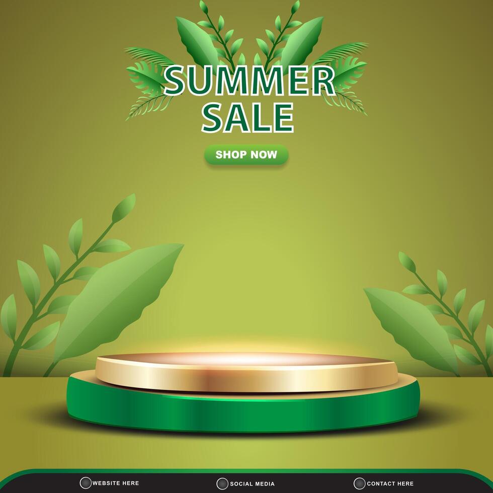summer sale square banner for social media post with blank space 3d podium for product with abstract gradient green and yellow background design vector