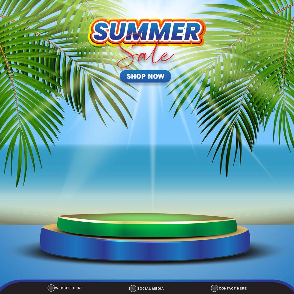 summer sale discount square banner for social media post with blank space 3d podium for product sale with abstract gradient blue and green background design vector
