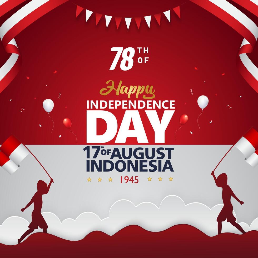 happy 78th and 17th of august indonesian independence day square banner for social media post with with abstract gradient red and white background design vector