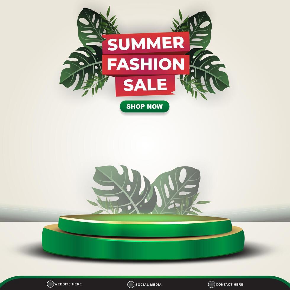 summer sale discount square banner for social media post with blank space 3d podium for product sale with abstract gradient white and green background design vector