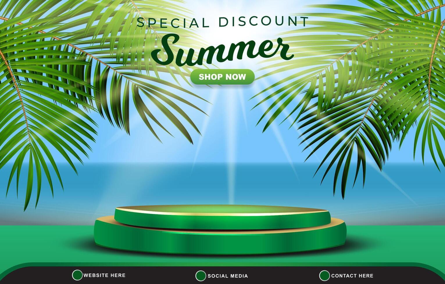 special discount summer sale landscape banner for social media post with copy space 3d podium for product sale with abstract gradient blue and green background design vector