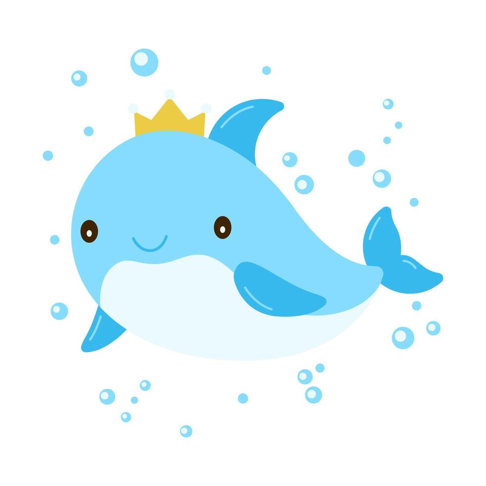 Cute Blue Dolphin Cartoon Character Wearing Crown Swimming on the Beach with Happy Expression vector