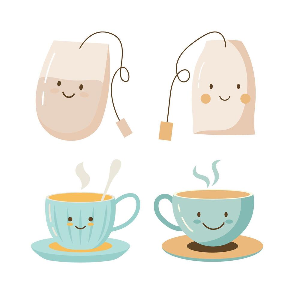 Collection of Cute Tea Bag Character with Hot Drink in Cup vector