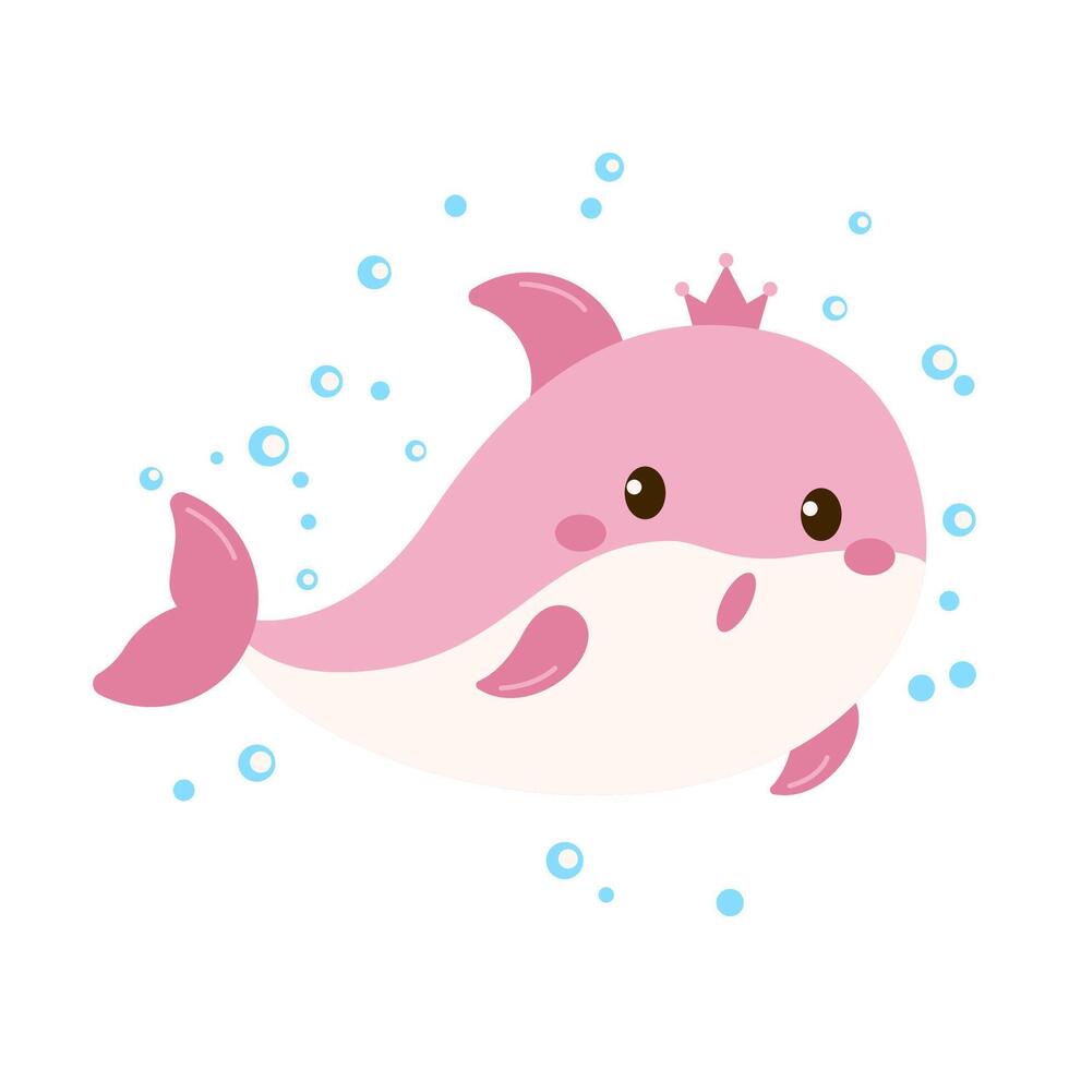 Cute Pink Dolphin Cartoon Character Wearing Crown Swimming in the Sea with Happy Expression vector