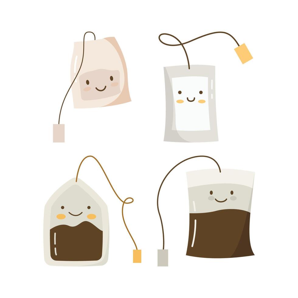 Collection of Cute Tea Bag Cartoon Character with Smile Expression vector