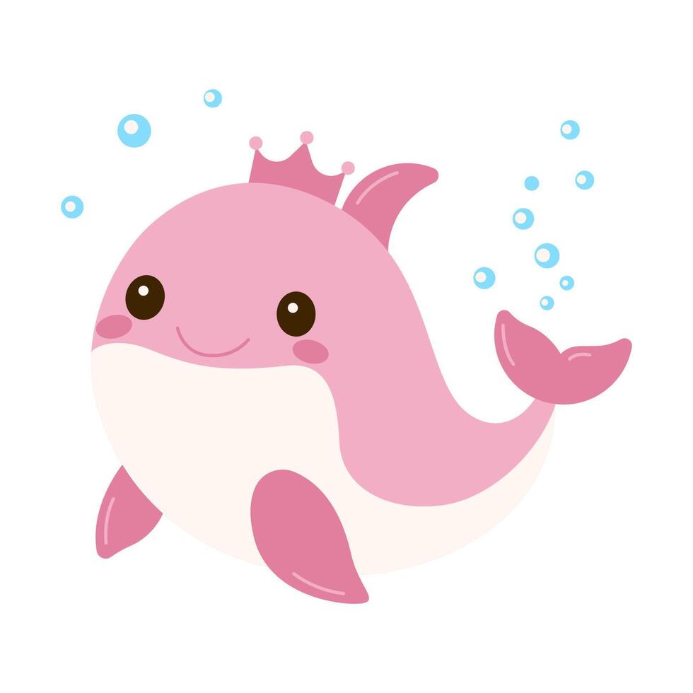 Cute Pink Baby Dolphin Cartoon Character Wearing Crown Swimming in the Sea with Happy Expression vector
