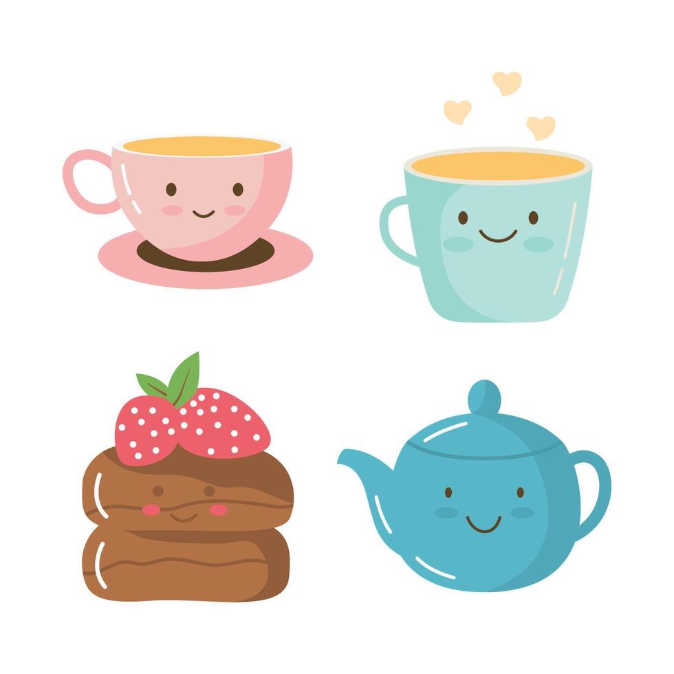 Collection of Cute Drink in Cup Mug with Teapot Cake Bread Character vector