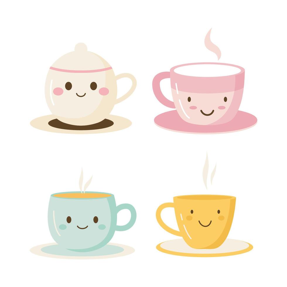 Collection of Cute Hot Tea Coffee Drink Character in Mug vector