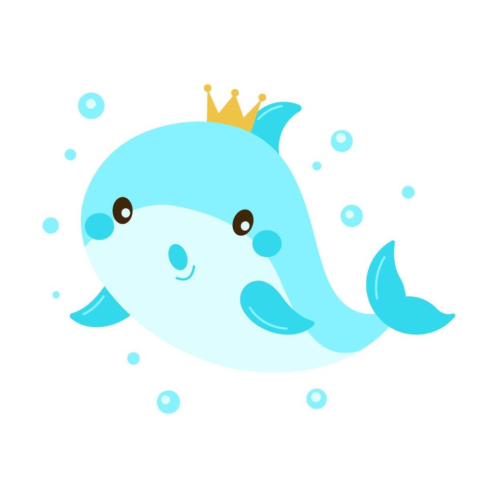 Cute Dolphin Cartoon Character Wearing Crown Swimming in the Sea with Happy Expression vector
