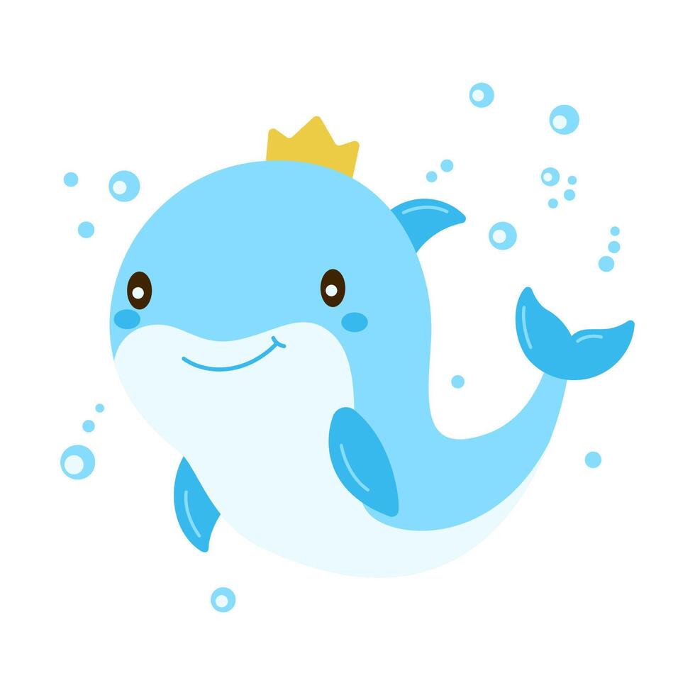 Cute Baby Dolphin Cartoon Character Wearing Crown Swimming in the Sea with Happy Expression vector