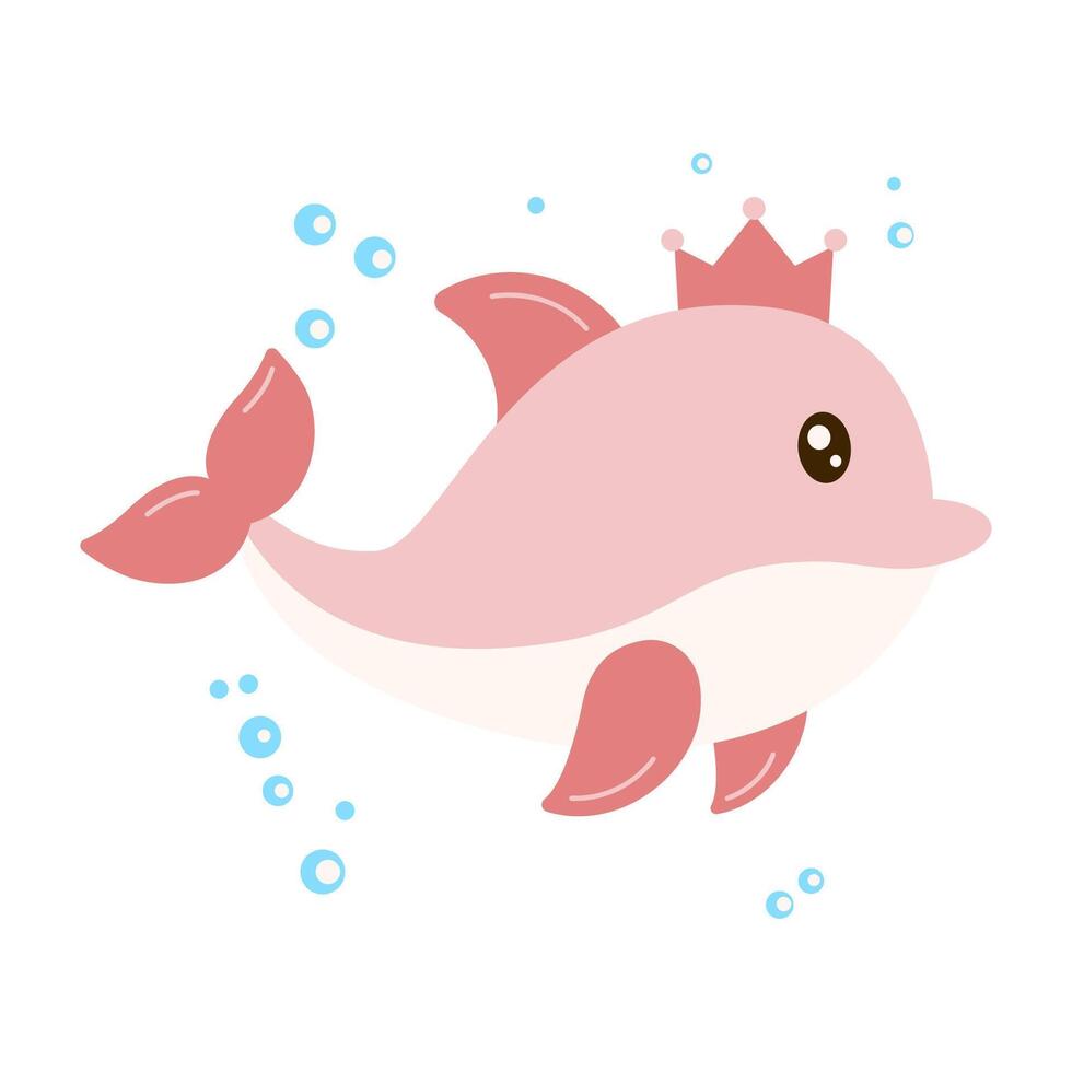 Cute Beautiful Dolphin Cartoon Character Wearing Crown Swimming in the Sea with Happy Expression vector