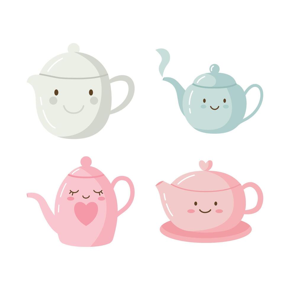 Collection of Cute Drink Teapot Kettle Cartoon Character vector