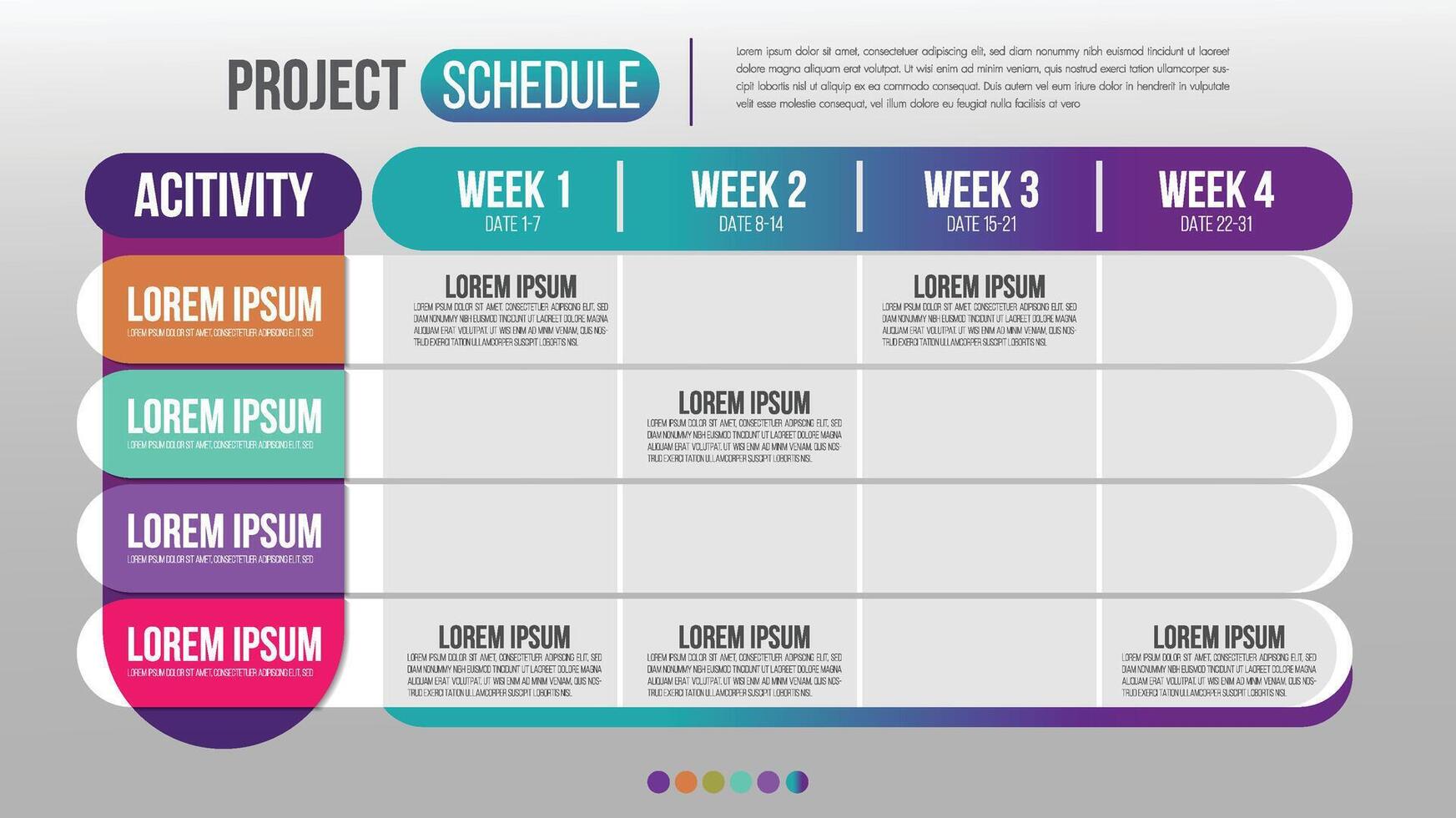 Project schedule activity event chart daily and weekly timetable infographic design template.Overview planning timeline business illustration. vector