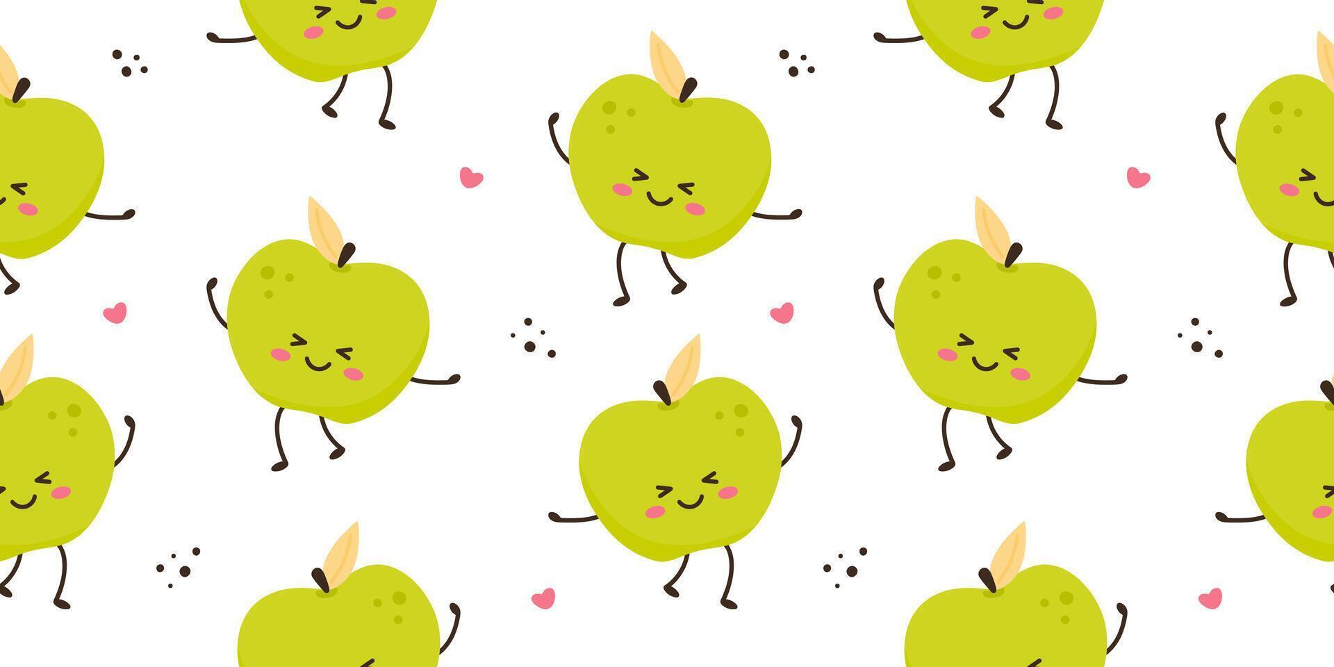 Cute green apple characters seamless pattern vector