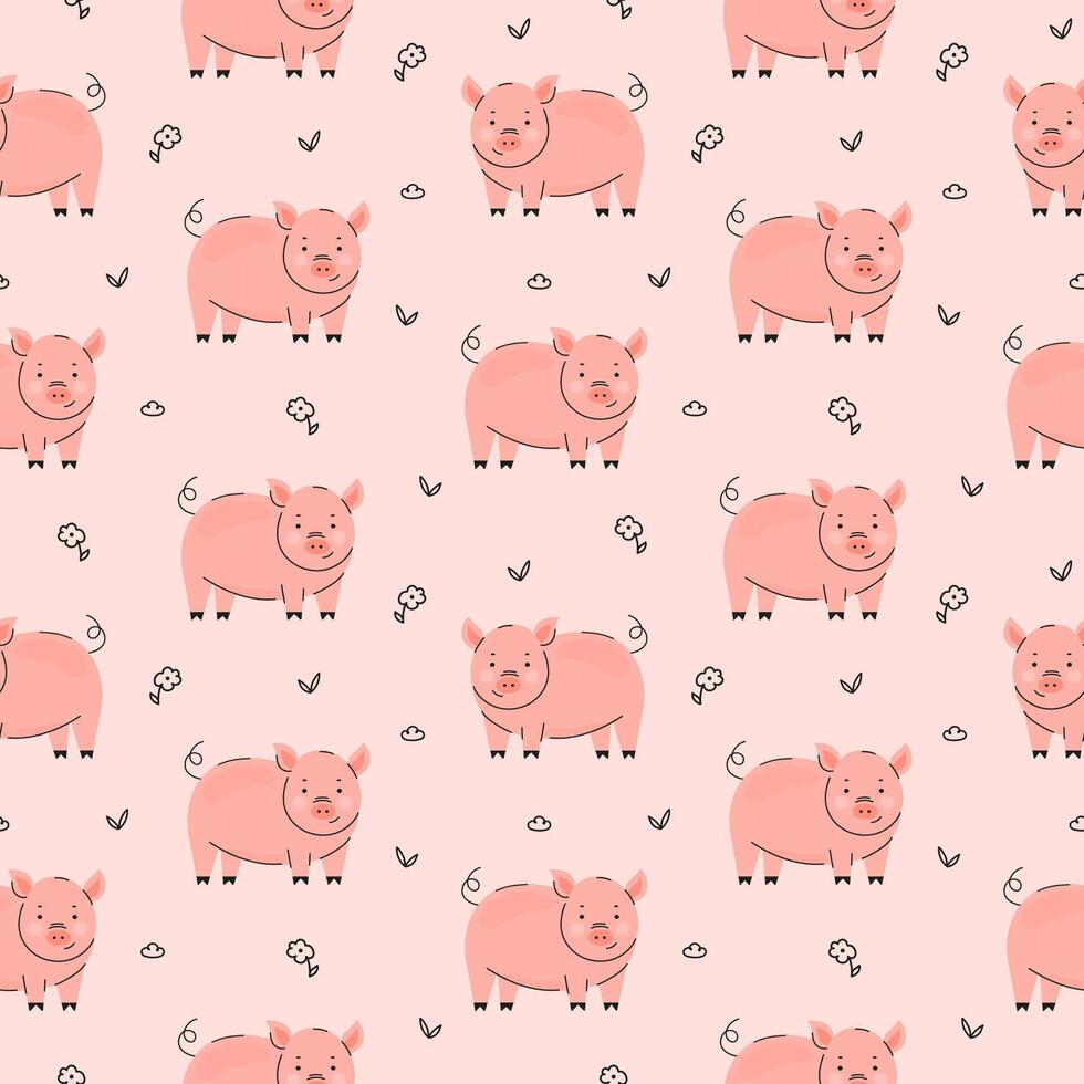 Seamless pattern with cute pig and flower vector
