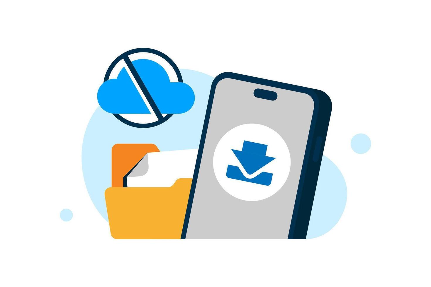 illustration of a mobile app offline access feature, featuring a smartphone, download icon, and folder. ideal for representing the availability and accessibility of media, files, or data vector