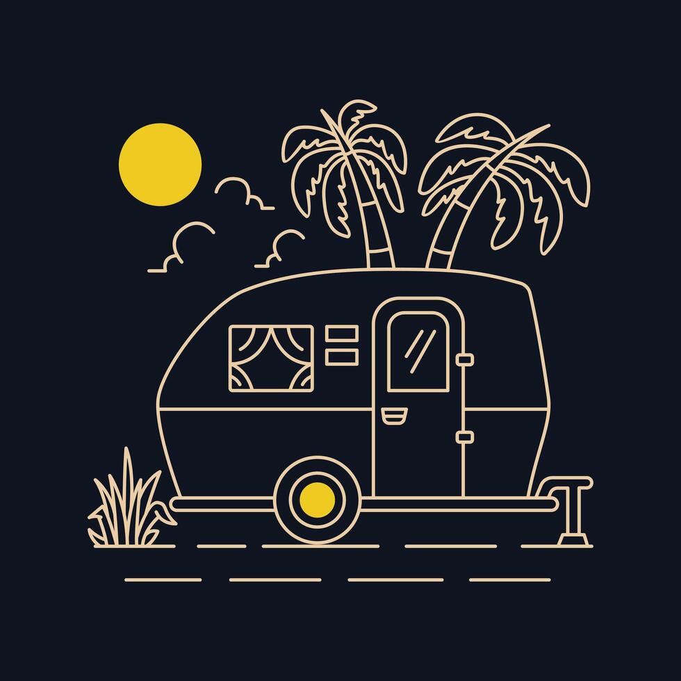 Summer Holiday with Camper Van Monoline Illustration 4 vector