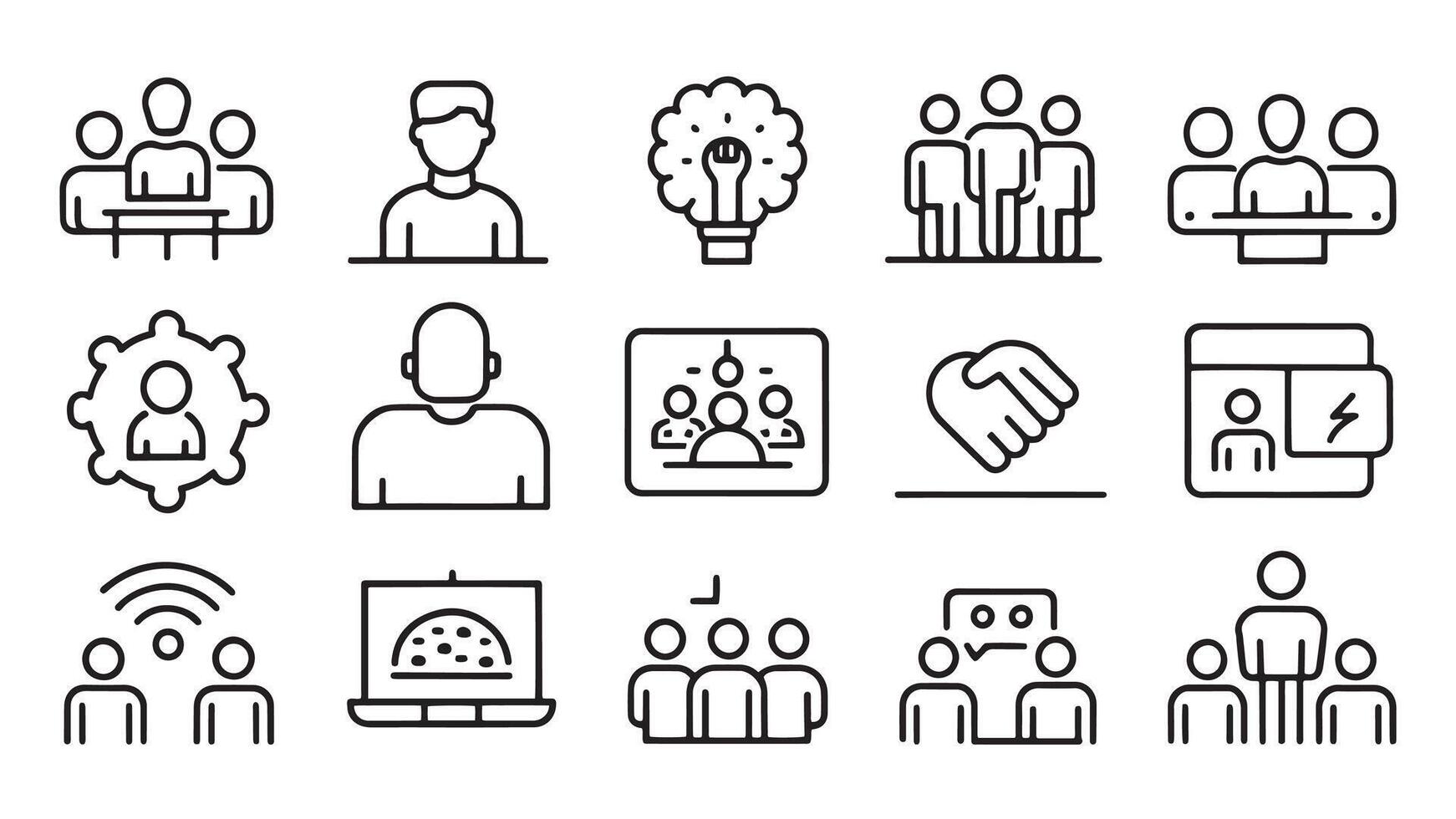 Meeting web icon set in line style. Conference, team, brainstorm, seminar, interview, related icon set flat illustration vector