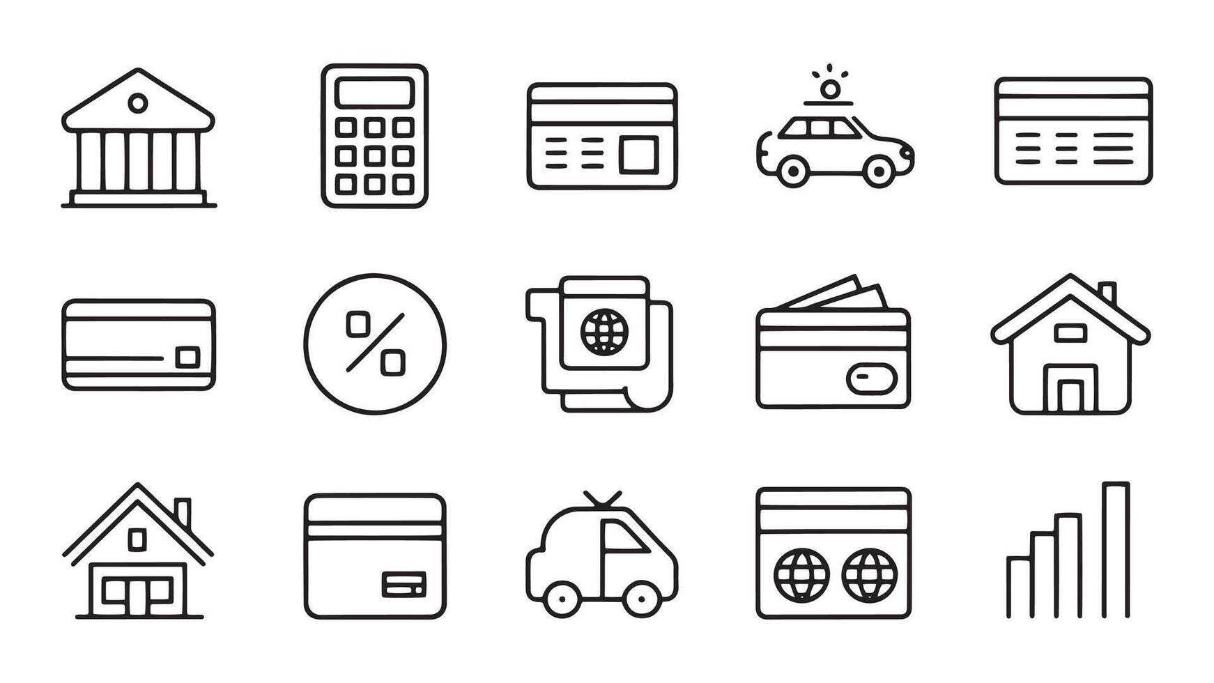 Loan and Credit web icons in line style. Credit card, deposit, car leasing, rate interest, calculator, income, rating related icon set flat illustration. vector