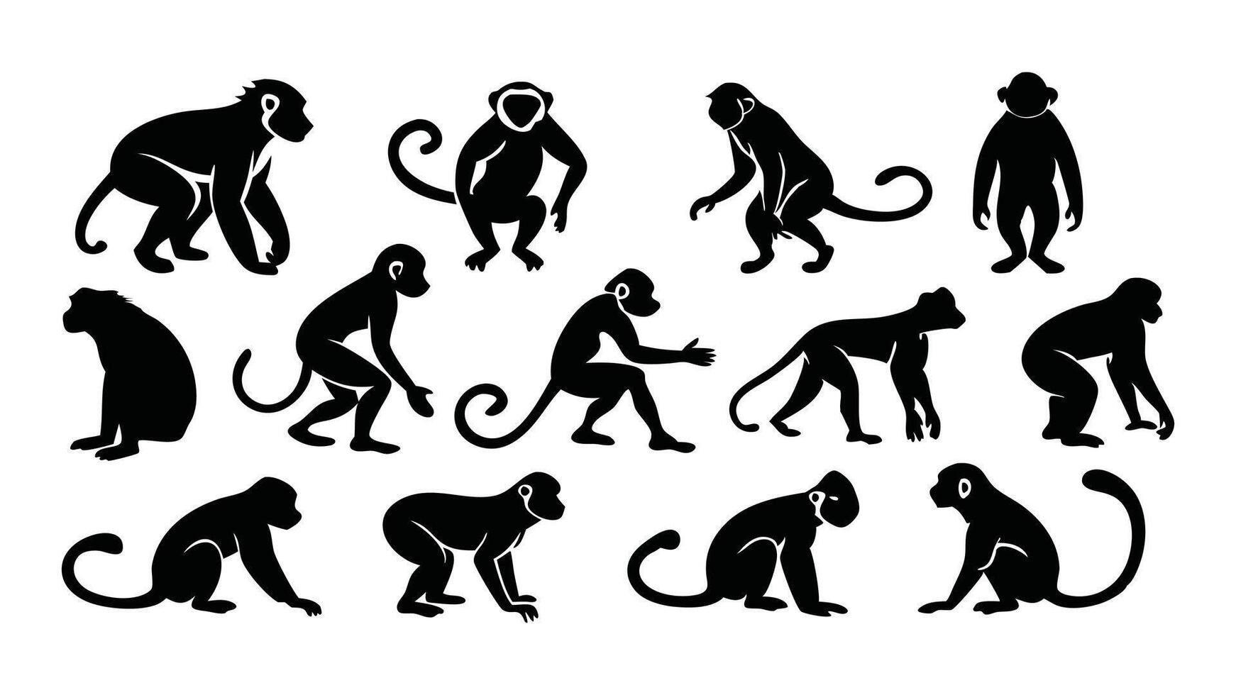 Monkey silhouette flat illustration set vector
