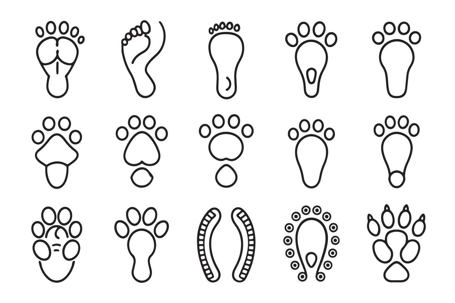Footprint step path related , black 15 pcs icons set isolated on white background flat illustration vector