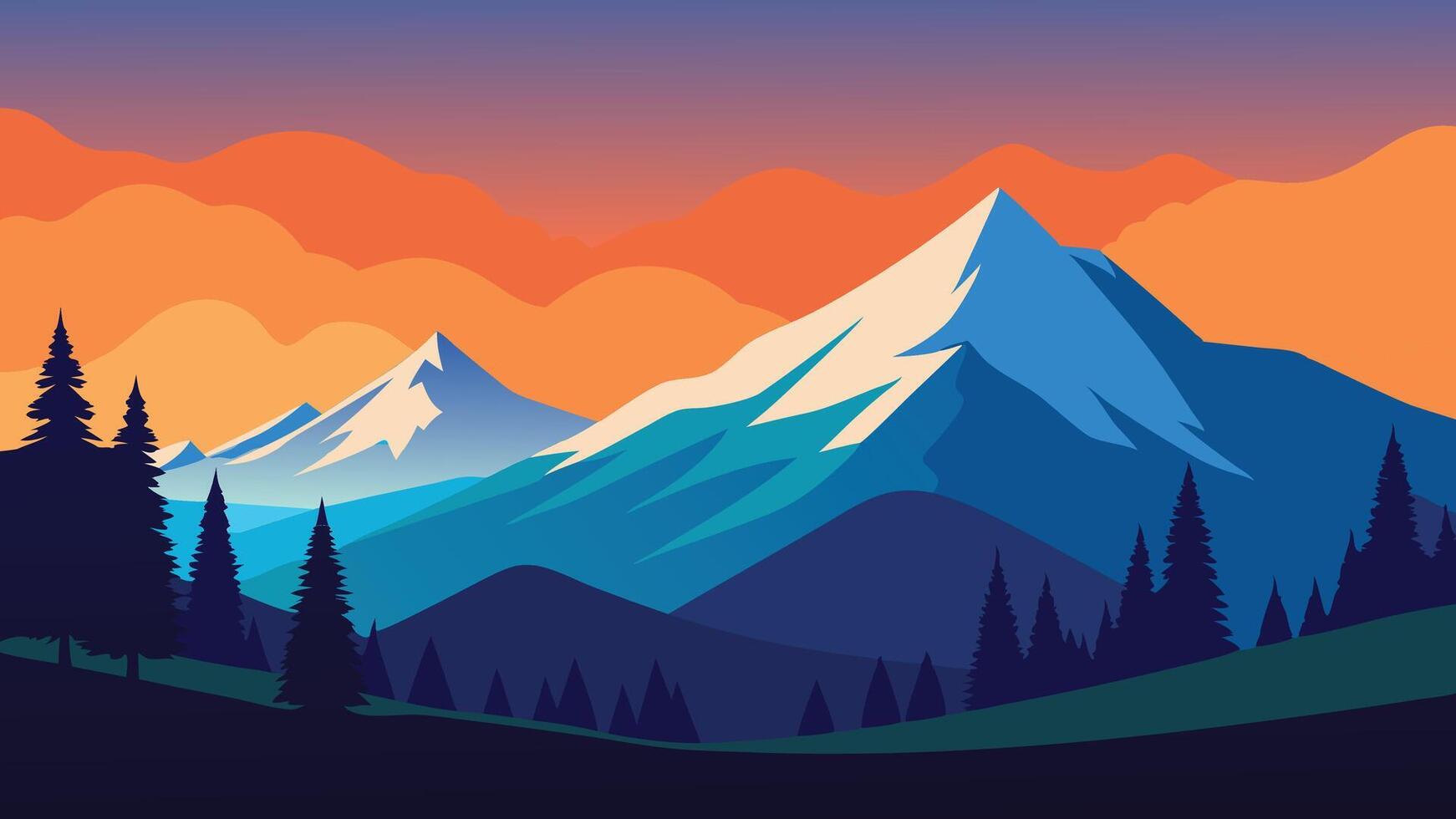 Landscape featuring vibrant trees in the foreground and majestic snow covered mountains in the background vector