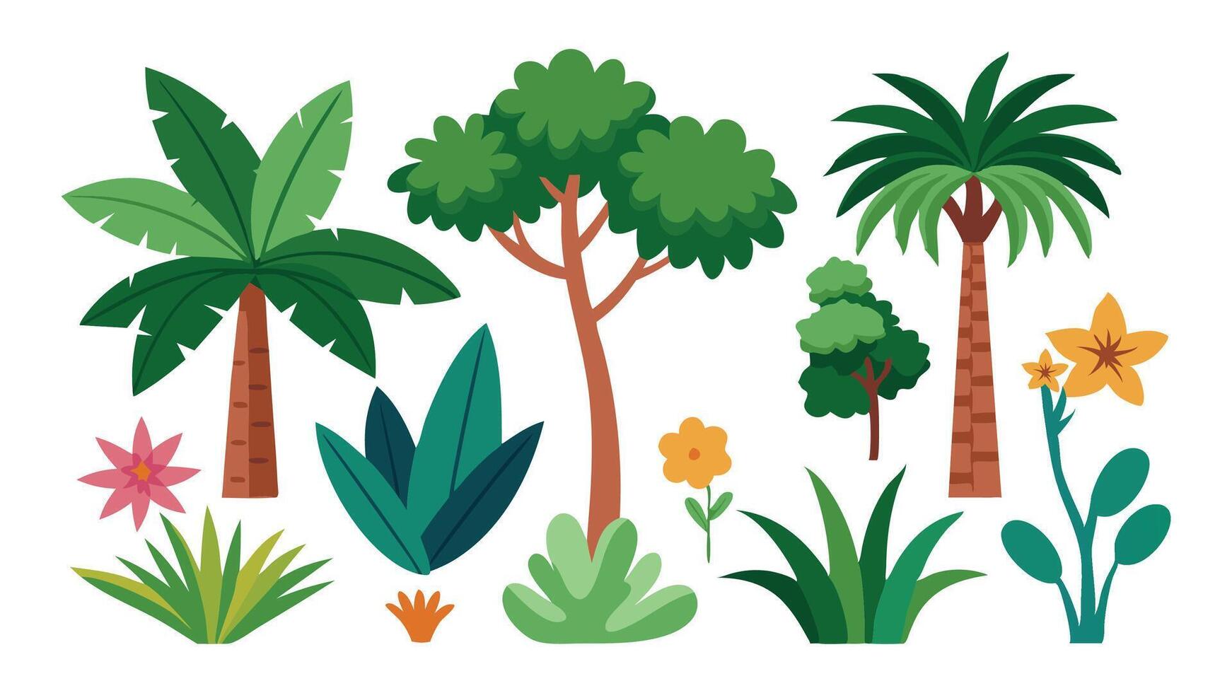 Shrubs tropics tree flowery shapes isolated flat illustration Set on white background. vector