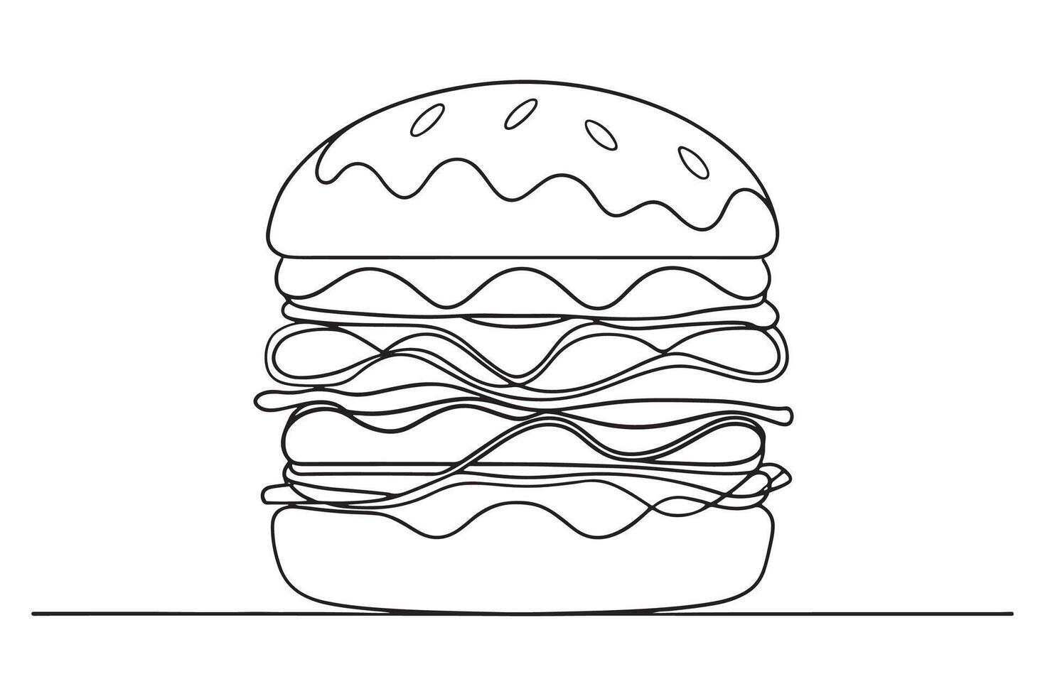 Continuous single black line art of a juicy burger with layers of lettuce, tomato, cheese, and a sesame seed bun isolated white background vector