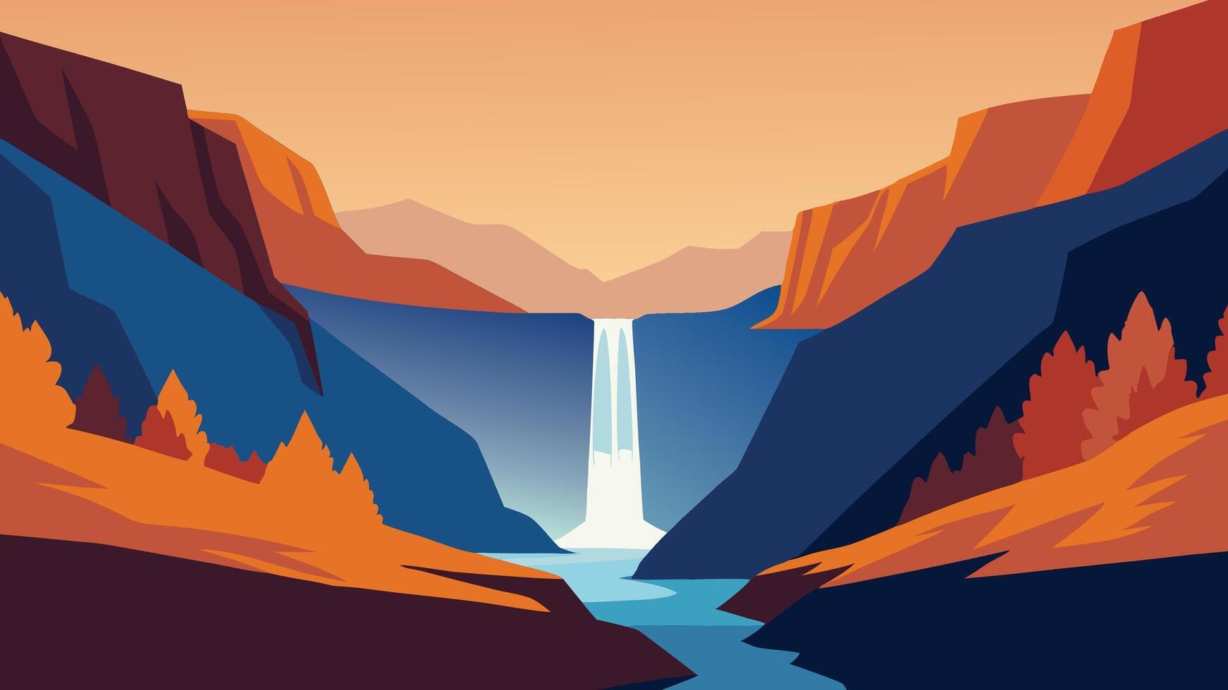 Beautiful autumn scenery. Bright morning view of Svodufoss watterfall flat illustration vector