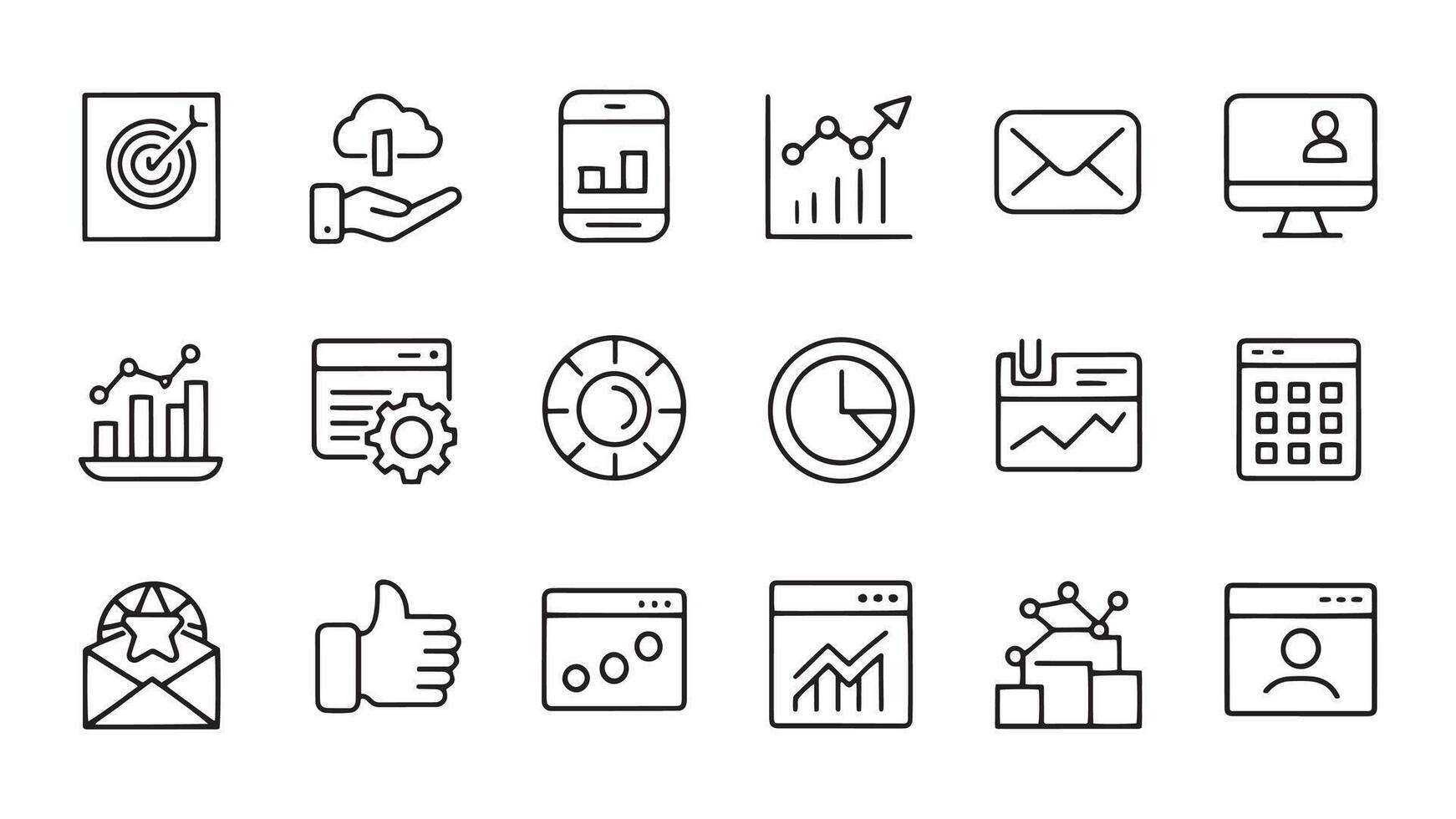 Social Media and web icon in line style. Data analytics, blogging, seo, digital marketing, like, management, message, phone related icon set flat illustration vector