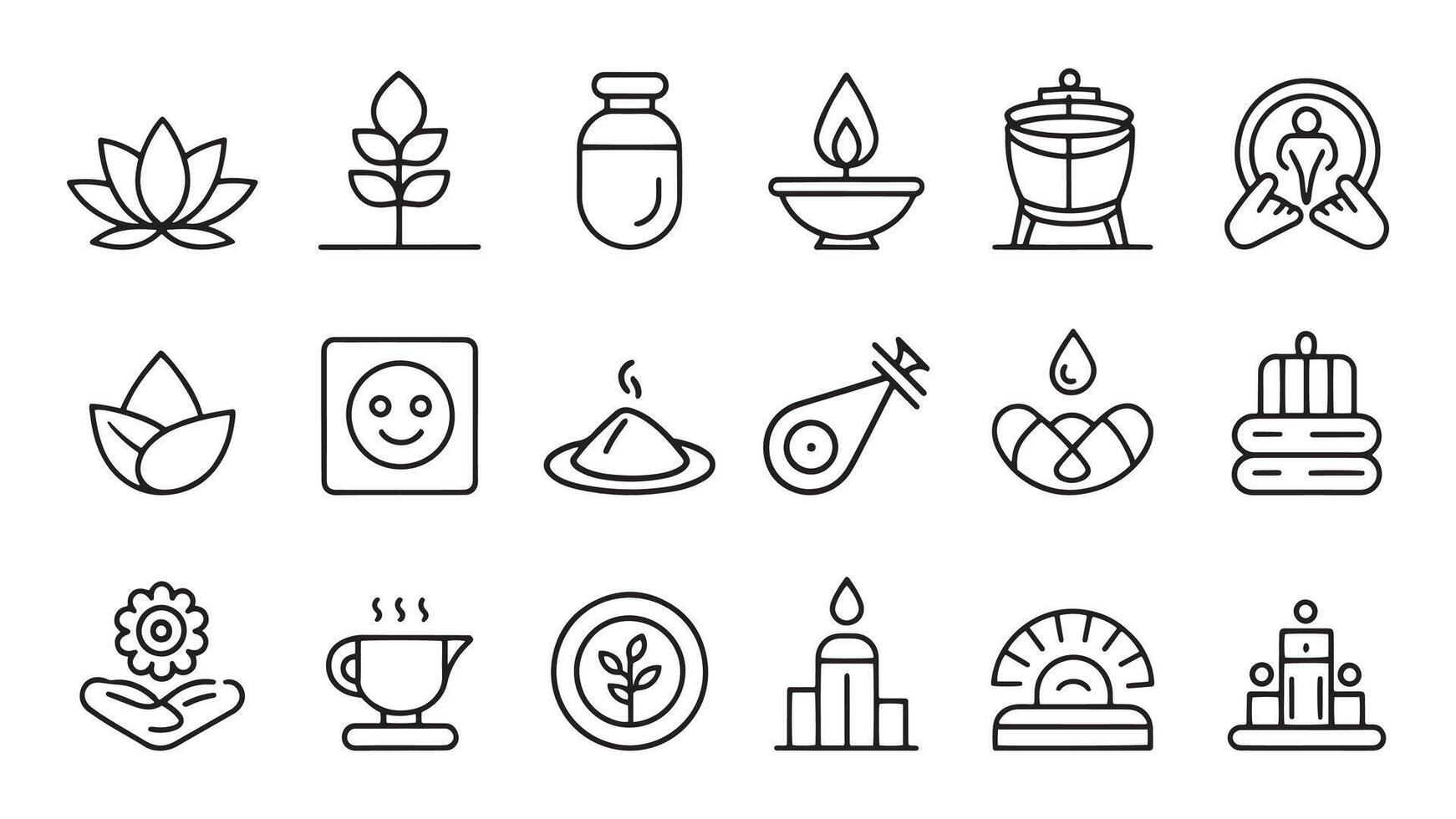 Wellness web icon set in line style. Relaxation, spa, sleep, yoga, health, lifestyle, spiritual practice, meditation related icon set flat illustration vector